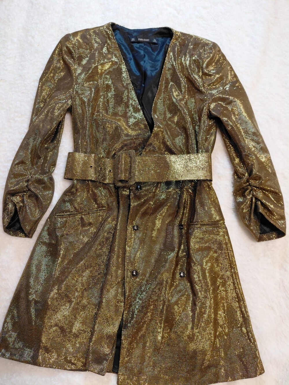 Zara Basic Gold Metallic Belted Blazer Dress Size S Glam Party Statement Piece